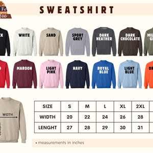 a collection of colorful sweatshirts with size and length measurements listed below them.