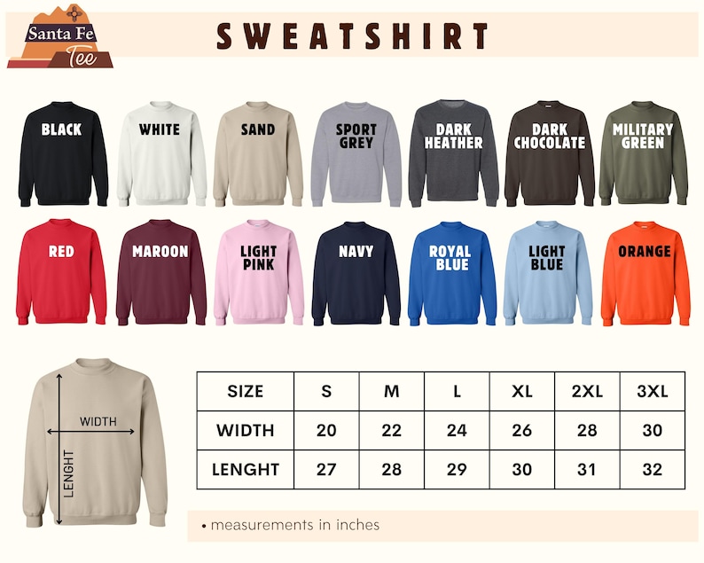 a collection of colorful sweatshirts with size and length measurements listed below them.