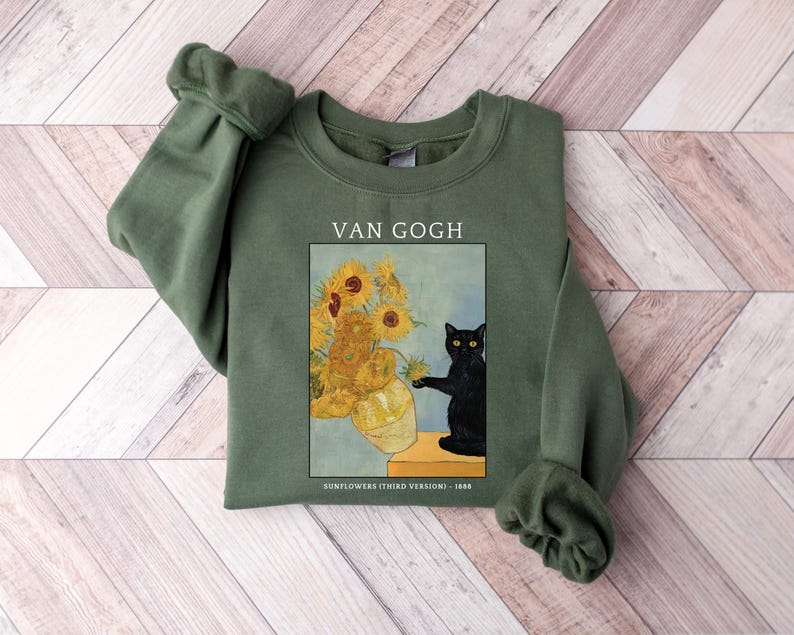 Van Gogh Cat Sweatshirt, Van Gogh Black Cat Hoodie, Cute Black Cat Shirt, Funny Cat Long Sleeve, Cat Lovers Gift, Gift For Her, Trendy Shirt image 1