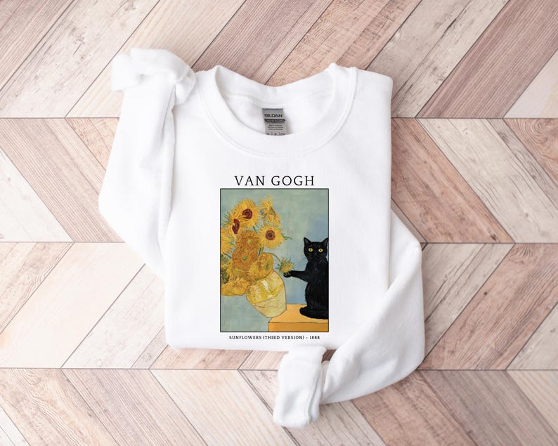 Van Gogh Cat Sweatshirt, Van Gogh Black Cat Hoodie, Cute Black Cat Shirt, Funny Cat Long Sleeve, Cat Lovers Gift, Gift For Her, Trendy Shirt image 3
