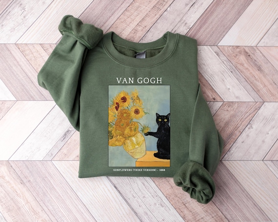 Van Gogh Cat Sweatshirt, Van Gogh Black Cat Hoodie, Cute Black Cat Shirt, Funny Cat Long Sleeve, Cat Lovers Gift, Gift For Her, Trendy Shirt
