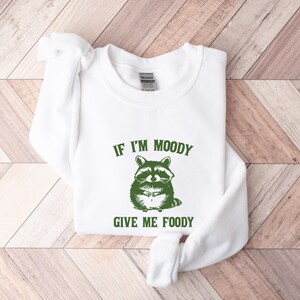 May include: White sweatshirt with a green raccoon graphic and the text "If I'm Moody Give Me Foody".