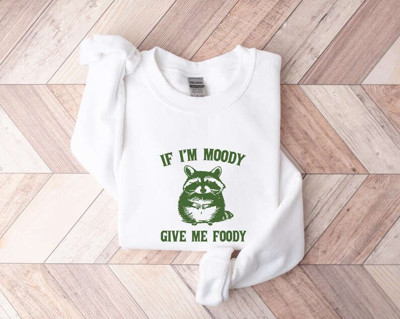 May include: White sweatshirt with a green raccoon graphic and the text "If I'm Moody Give Me Foody".