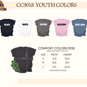 a collection of youth t-shirts in various colors, including black, white, pepper, blossom, and blue jeans. The t-shirts are arranged in a row, and there is a size chart and measurements provided for each color.
