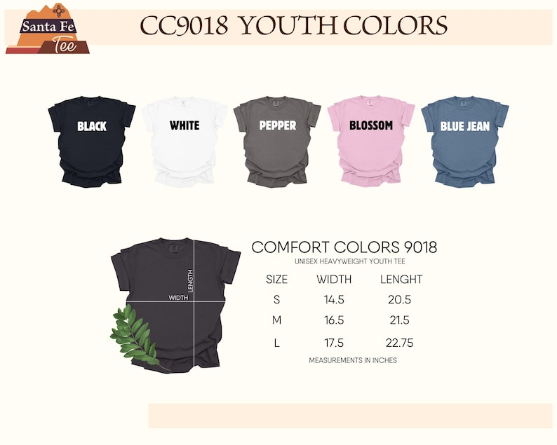 a collection of youth t-shirts in various colors, including black, white, pepper, blossom, and blue jeans. The t-shirts are arranged in a row, and there is a size chart and measurements provided for each color.