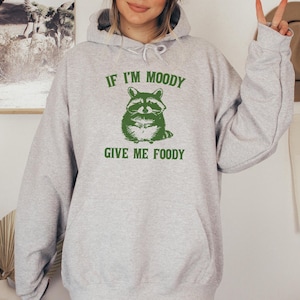 May include: A grey hooded sweatshirt with the text "If I'm Moody Give Me Foody" printed in green. A cartoon raccoon with a green outline is above the text.