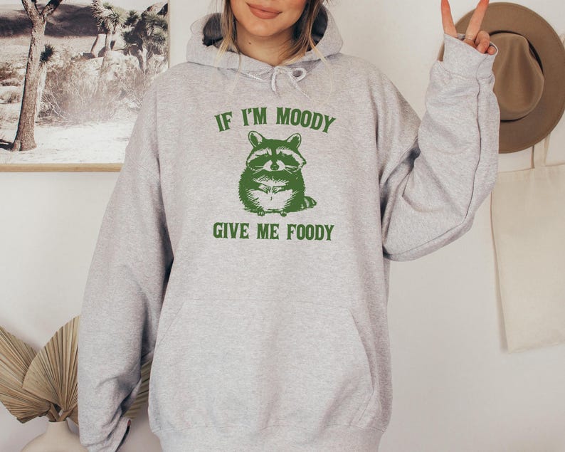 May include: A grey hooded sweatshirt with the text "If I'm Moody Give Me Foody" printed in green. A cartoon raccoon with a green outline is above the text.