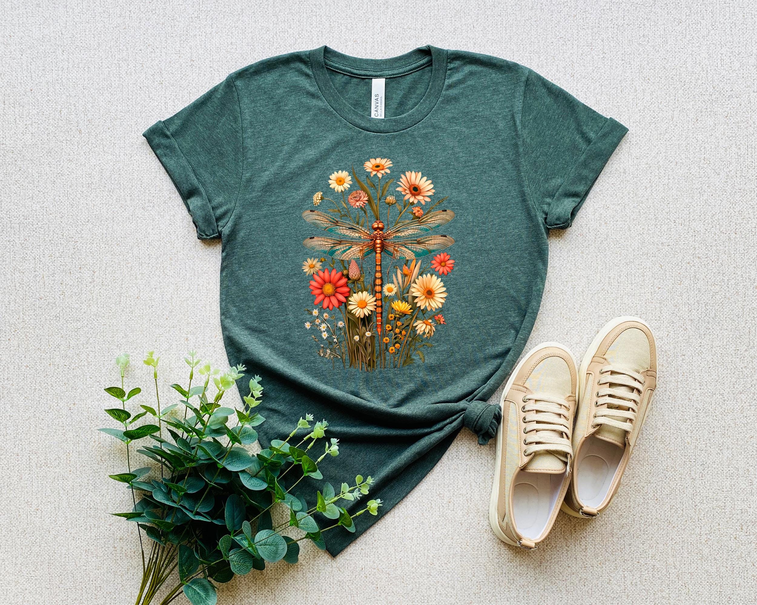 Womens Dragonfly Floral Tshirt, Boho Dragonfly Tee, Nature Lover Tshirt, Flower Lover Gift, Gift For Her, Botanical Shirt, Graphic Tee