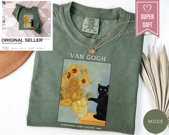 Comfort Colors® Van Gogh Cat Shirt, Funny Black Cat T-Shirt, Cat Clothing, Cat Lovers Apparel, Gift For Her, Cat Owner Tee, Animal Lover
