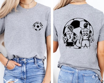 Custom 2 Player Soccer Mom Shirt with Kid Names & Numbers, Soccer Game Day Shirt, Soccer Mama Shirt, Soccer Season, Personalized Soccer Tee