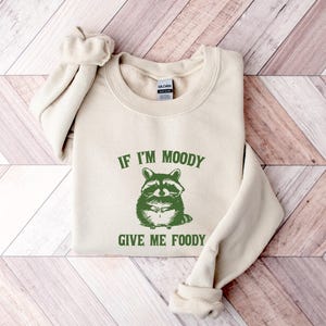 May include: A cream-coloured sweatshirt with the text "If I'm Moody Give Me Foody" printed in green. A cartoon raccoon with a green bandana is pictured above the text.