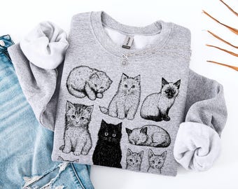Vintage Cat Sweatshirt, Retro Kitten Graphic Hoodie, Cozy Cottagecore Cat Lover Gift, 90s Style Oversized Crewneck, Cat Mom Sweater, Cat Tee