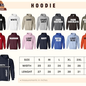 a collection of hooded sweatshirts in various colors and sizes, along with a size chart indicating the measurements in inches.