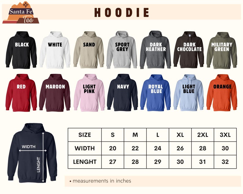 a collection of hooded sweatshirts in various colors and sizes, along with a size chart indicating the measurements in inches.