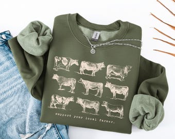 Support Your Local Farmer Cow Sweatshirt, Retro Farm Animals Sweater, Cattle Rancher Gift, Dairy Farming Cloth, Trendy Homesteading Crewneck