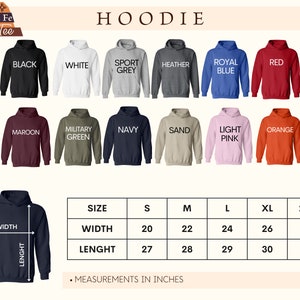 Pode incluir: Um gr&aacute;fico que mostra as diferentes cores e tamanhos de hoodies dispon&iacute;veis. O gr&aacute;fico mostra as medidas de largura e comprimento em polegadas para os tamanhos S, M, L, XL e 2XL.