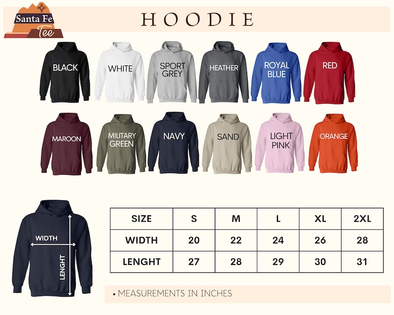 Pode incluir: Um gr&aacute;fico que mostra as diferentes cores e tamanhos de hoodies dispon&iacute;veis. O gr&aacute;fico mostra as medidas de largura e comprimento em polegadas para os tamanhos S, M, L, XL e 2XL.