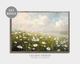 Daisy Field Print, Floral Painting Wall Art, Daisy Flowers, White Daisy Painting, Daisies Wall Art, Cottagecore Painting, Digital Download