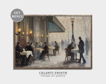 May include: A vintage oil painting depicting a Parisian cafe scene. The painting features a group of people sitting at tables outside the cafe, enjoying drinks and conversation. The cafe is located on a street corner, with a street lamp and other buildings in the background. The painting is done in a realistic style, with muted colors and a soft, atmospheric feel.