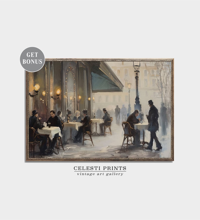 May include: A vintage oil painting depicting a Parisian cafe scene. The painting features a group of people sitting at tables outside the cafe, enjoying drinks and conversation. The cafe is located on a street corner, with a street lamp and other buildings in the background. The painting is done in a realistic style, with muted colors and a soft, atmospheric feel.