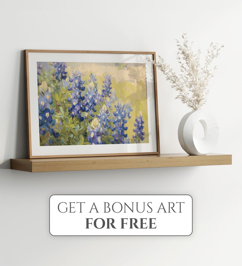 Bluebonnet-målning, Bluebonnet-konst, vintage Bluebonnet-fältmålning, Texas vildblomma, antik Texas statlig blomsterkonst, digital nedladdning bild 6