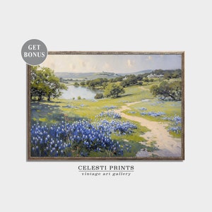 Bluebonnet Painting, Bluebonnet Art, Vintage Bluebonnet Field Painting, Texas Wildflower, Antique Texas State Flower Art, Digital Download