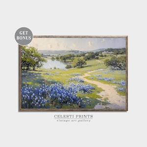 Pintura de lupino azul, arte de lupino azul, pintura vintage de campo de lupino azul, flores silvestres de Texas, arte antiguo de la flor estatal de Texas, descarga digital