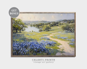 Bluebonnet Painting, Bluebonnet Art, Vintage Bluebonnet Field Painting, Texas Wildflower, Antique Texas State Flower Art, Digital Download