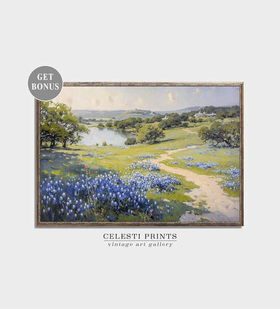 Bluebonnet Painting, Bluebonnet Art, Vintage Bluebonnet Field Painting, Texas Wildflower, Antique Texas State Flower Art, Digital Download