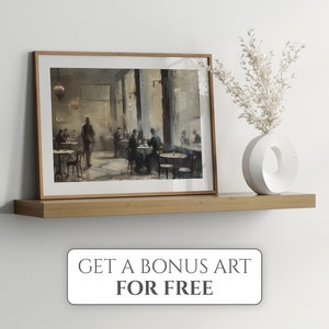 May include: A framed watercolor painting depicting a cafe scene with people sitting at tables. The painting is on a wooden shelf with a white vase and white dried flowers.