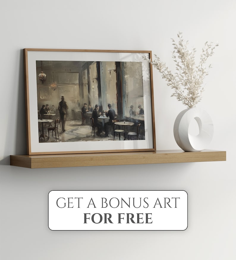 May include: A framed watercolor painting depicting a cafe scene with people sitting at tables. The painting is on a wooden shelf with a white vase and white dried flowers.
