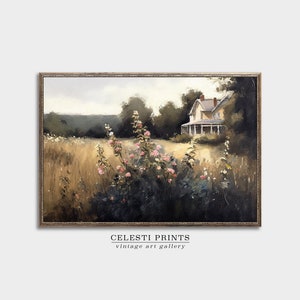 Vintage Wildflower Field Landscape Oil Painting, Vintage Farm House Printable, Country Field Landscape Oil Painting, DIGITAL DOWNLOAD