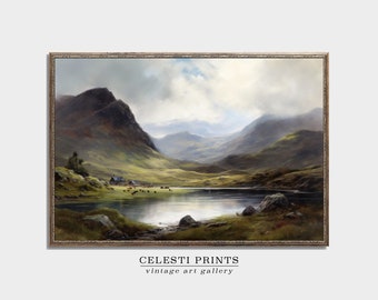 Scottish Highlands Moody Vintage Painting, Scotland Painting Vintage Art, Country Decor, Scotland Vintage Landscape Art Printable Download