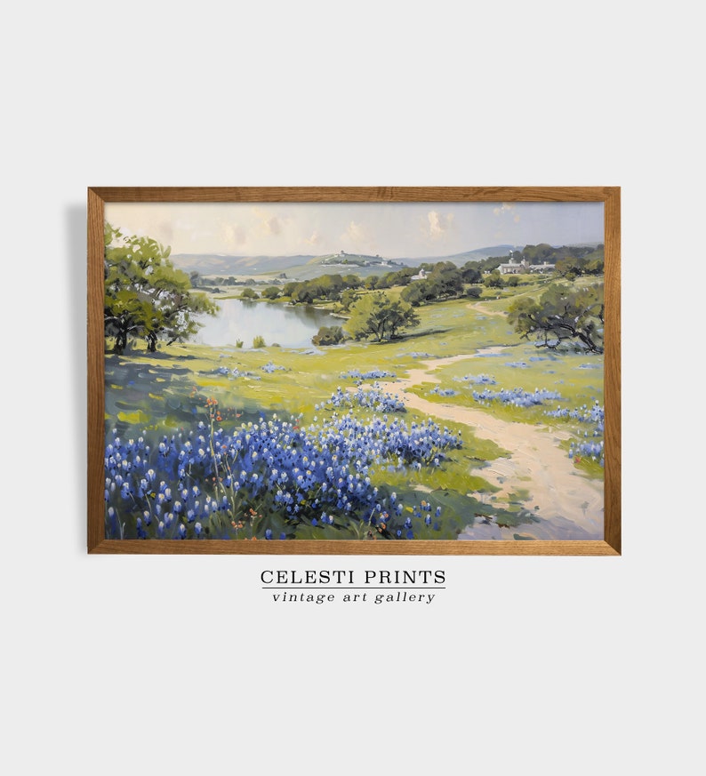 Bluebonnet-målning, Bluebonnet-konst, vintage Bluebonnet-fältmålning, Texas vildblomma, antik Texas statlig blomsterkonst, digital nedladdning bild 8