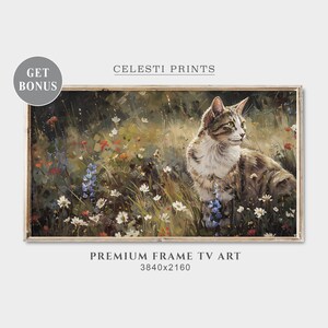 Frame Tv Cat Art, Cat in Wildflower Garden, TV Art Cat Lover, Vintage Farmhouse Tv Art, Frame TV Art Cat, Animal Tv Art, Digital Download