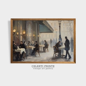 May include: A vintage painting of a Parisian cafe scene with people sitting at tables outside. The cafe is decorated with a green awning and has a warm, inviting atmosphere. The painting is done in a realistic style with muted colors.
