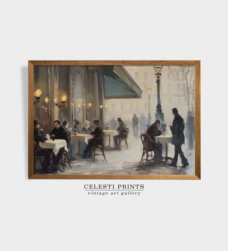 May include: A vintage painting of a Parisian cafe scene with people sitting at tables outside. The cafe is decorated with a green awning and has a warm, inviting atmosphere. The painting is done in a realistic style with muted colors.