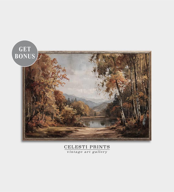 秋の湖のアート、秋の壁アート、秋の装飾、秋の木の絵画、秋のコテージ