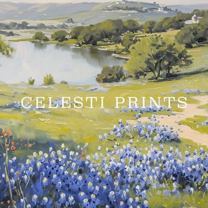 Bluebonnet-målning, Bluebonnet-konst, vintage Bluebonnet-fältmålning, Texas vildblomma, antik Texas statlig blomsterkonst, digital nedladdning bild 7