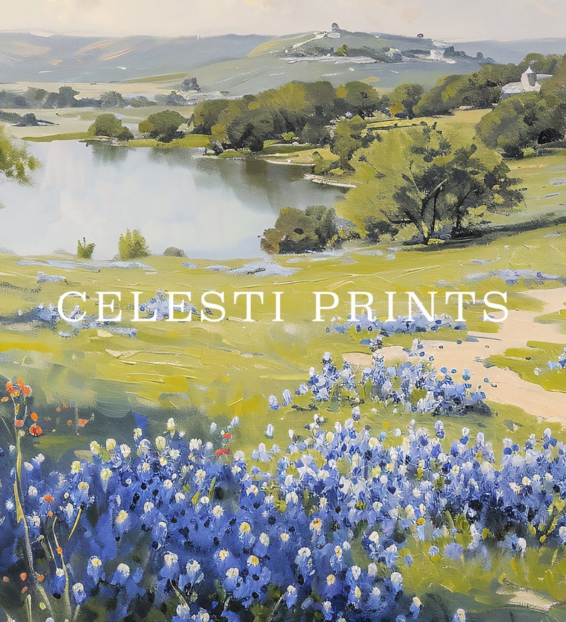 Bluebonnet-målning, Bluebonnet-konst, vintage Bluebonnet-fältmålning, Texas vildblomma, antik Texas statlig blomsterkonst, digital nedladdning bild 7