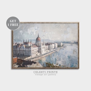 Puede incluir: Una pintura vintage del edificio del Parlamento h&uacute;ngaro en Budapest, con un r&iacute;o y un puente en primer plano. La pintura tiene un aspecto descolorido y texturizado, lo que le da un toque vintage.