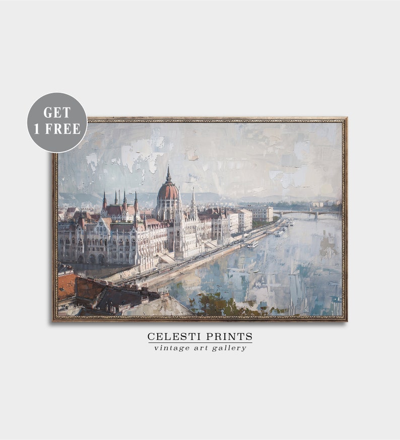 Puede incluir: Una pintura vintage del edificio del Parlamento h&uacute;ngaro en Budapest, con un r&iacute;o y un puente en primer plano. La pintura tiene un aspecto descolorido y texturizado, lo que le da un toque vintage.