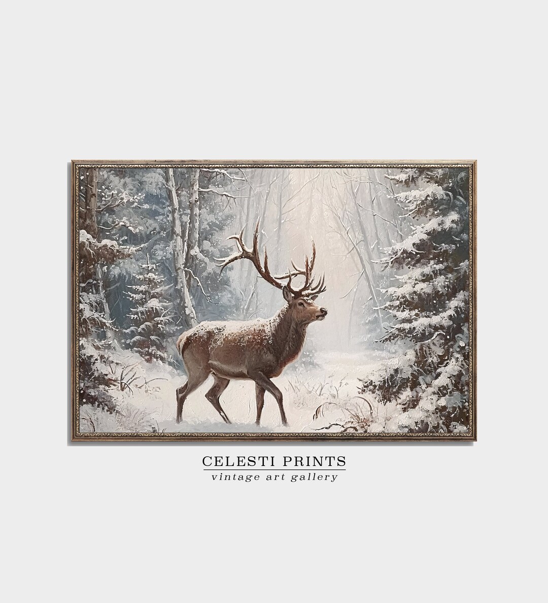 Deer Painting Vintage, Snowy Forest Wall Art, Antique Deer Print ...