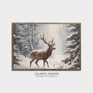 Deer Painting Vintage, Snowy Forest Wall Art, Antique Deer Print, Vintage Farmhouse Christmas Art, Winter Landscape, Digital Download
