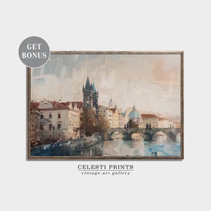 Pintura de Praga, Puente de Praga, Impresión de la República Checa de Praga, Paisaje urbano de Praga, Puente de Carlos, Arte de la pared de Praga Vintage, Descarga digital