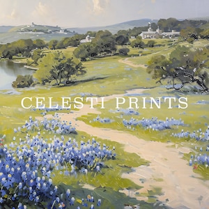 Bluebonnet-målning, Bluebonnet-konst, vintage Bluebonnet-fältmålning, Texas vildblomma, antik Texas statlig blomsterkonst, digital nedladdning bild 3
