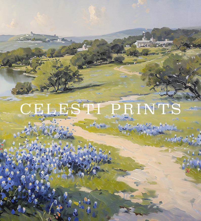 Bluebonnet-målning, Bluebonnet-konst, vintage Bluebonnet-fältmålning, Texas vildblomma, antik Texas statlig blomsterkonst, digital nedladdning bild 3