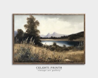 Vintage Mountain Landscape Wall Art, Antique Mountain Lake Oil Painting, Wildflowers Landscape, DIGITAL DOWNLOAD