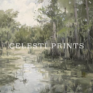 May include: A painting depicting a swamp scene with tall trees and a still body of water. The trees have moss hanging from their branches and the water is a light blue-green colour. The painting is titled "Celesti Prints".