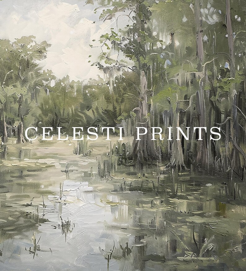 May include: A painting depicting a swamp scene with tall trees and a still body of water. The trees have moss hanging from their branches and the water is a light blue-green colour. The painting is titled "Celesti Prints".